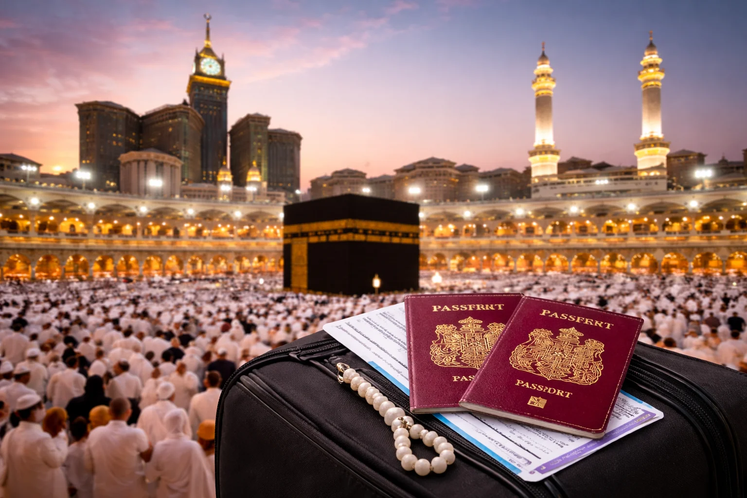 7 days umrah package UK price with Kaaba view, pilgrims in Masjid al Haram and travel documents for Umrah journey