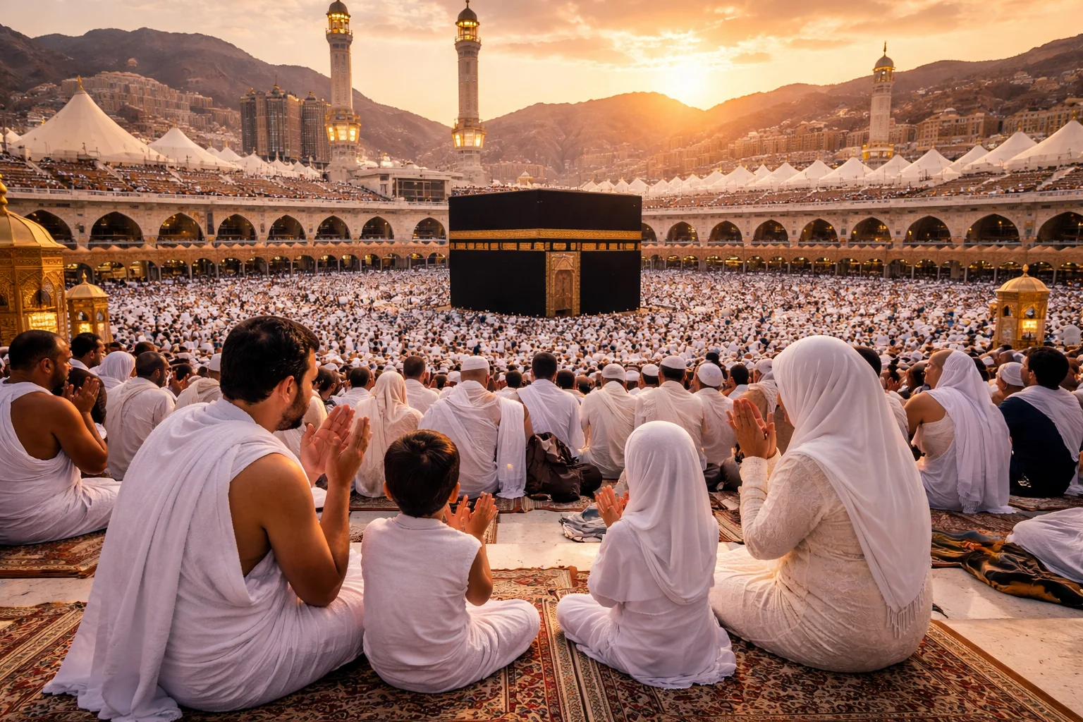 Beautiful Hajj environment with families offering prayers near the Kaaba, showcasing seamless Umrah Logistics and spiritual journey in Makkah