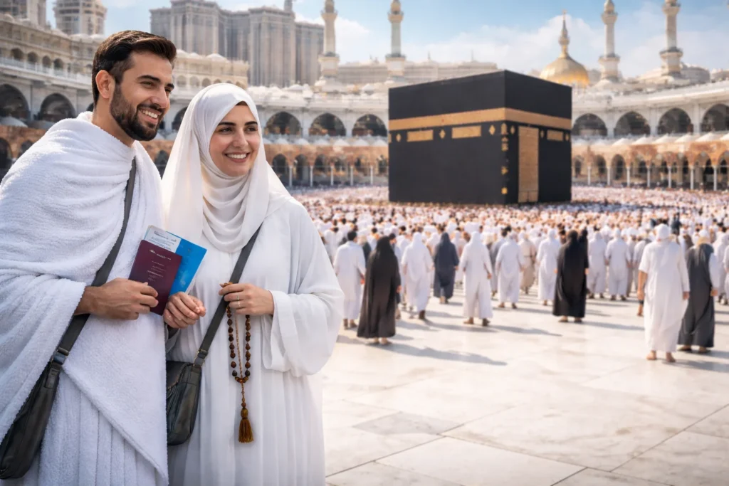 Home 54 Umrah packages UK vs DIY Umrah cost concept with happy Muslim couple performing Umrah near Kaaba in Makkah during pilgrimage