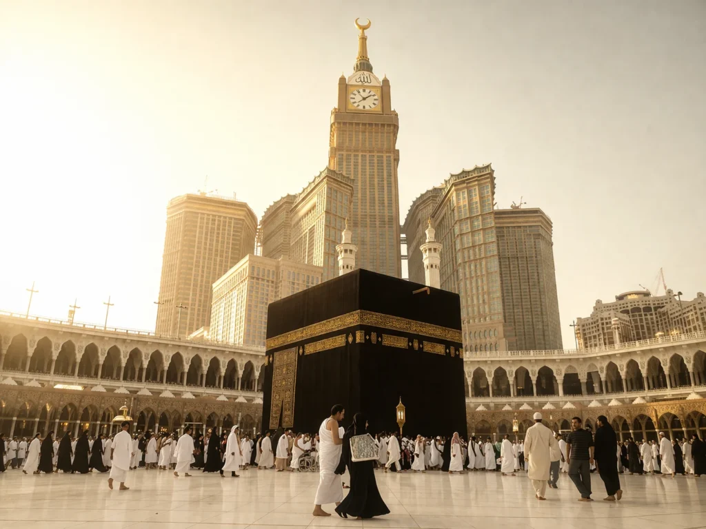 Home 54 Pilgrims performing tawaf around the Kaaba in Masjid al-Haram, Mecca, with the Abraj Al Bait clock tower in the background under warm golden light; illustrating the sacred atmosphere often considered when planning the best time to book Umrah packages UK for a peaceful pilgrimage experience.
