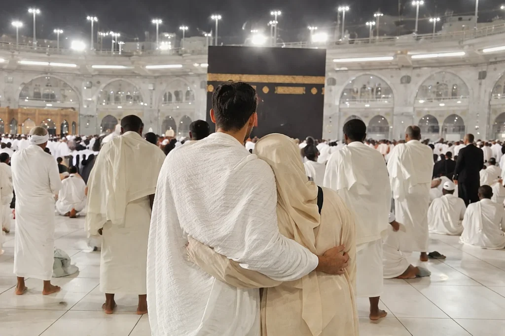 Home 54 Couple performing Umrah in front of the Kaaba during the cheapest time for Umrah from UK with peaceful crowd and spiritual atmosphere.