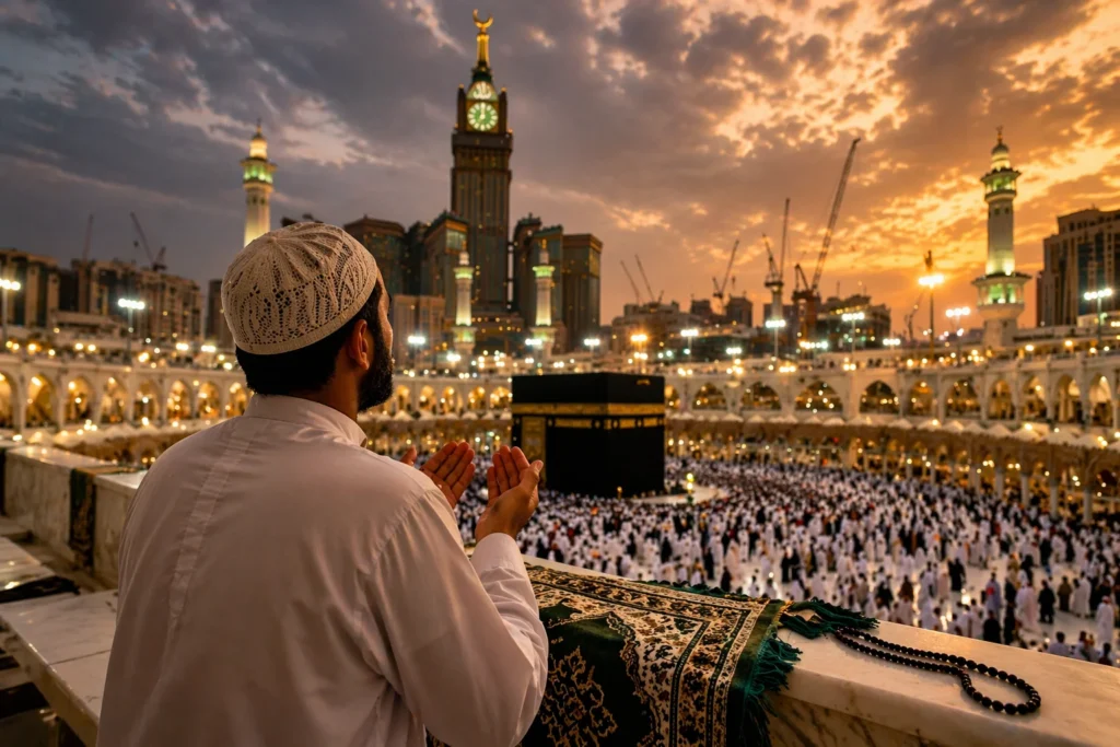 Home 54 Ramadan vs normal Umrah packages price concept showing pilgrim making dua overlooking Kaaba at Makkah during golden sunset with thousands performing Tawaf