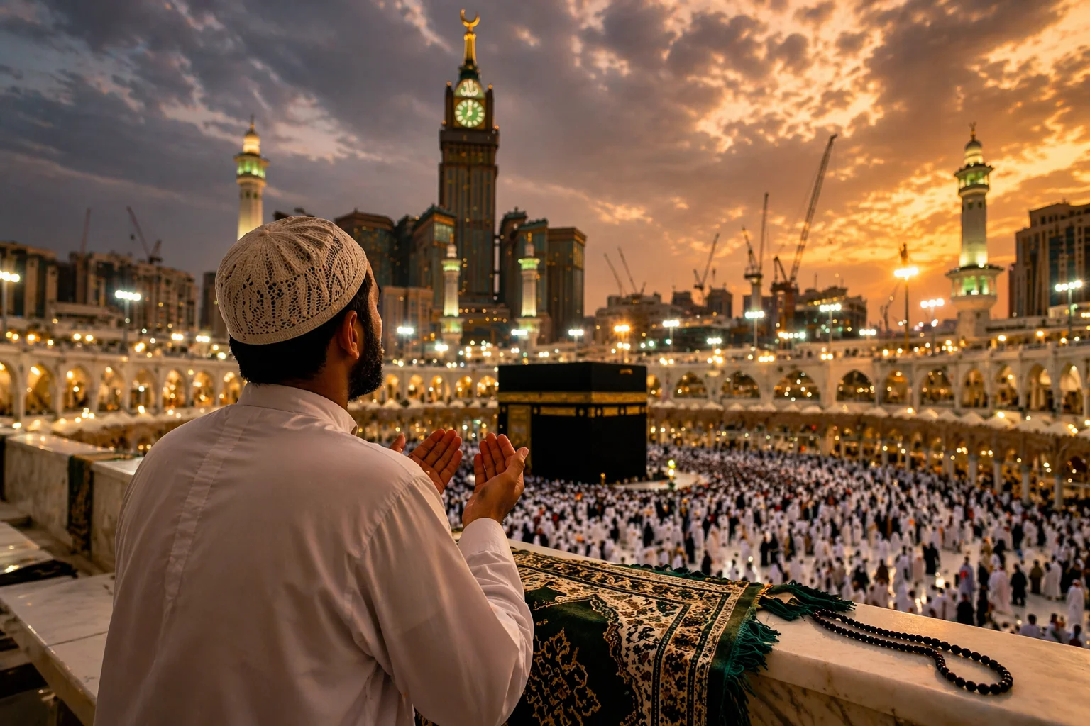 Ramadan vs normal Umrah packages price concept showing pilgrim making dua overlooking Kaaba at Makkah during golden sunset with thousands performing Tawaf