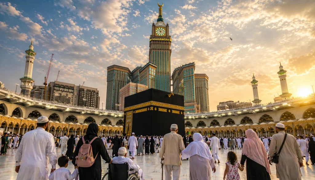 Home 55 Pilgrim families and elderly muslims performing Tawaf around the Kaaba in Masjid al-Haram during golden hour, representing umrah packages Birmingham UK cheap journey experience