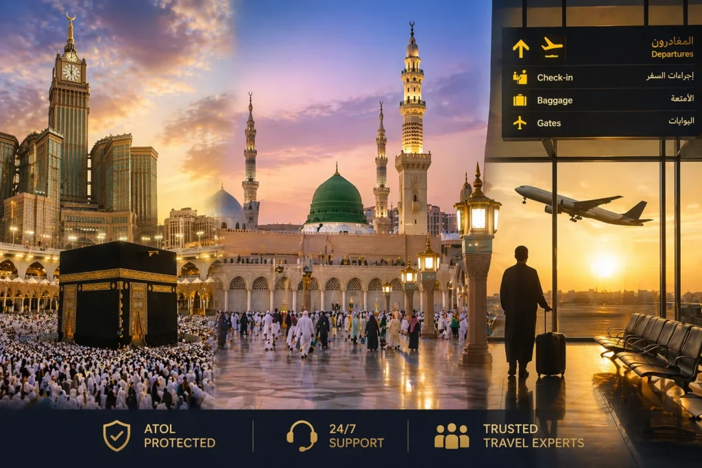 Home 55 ATOL Protected 2026 Umrah journey showing Makkah Kaaba, Madinah mosque view, and airport departure scene symbolizing secure Umrah packages UK travel experience.