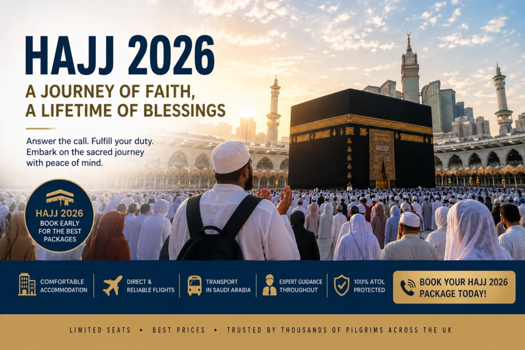 Home 54 Hajj 2026 pilgrims performing Tawaf around the Kaaba in Makkah with UK travel package promotion banner for booking Hajj 2026 packages