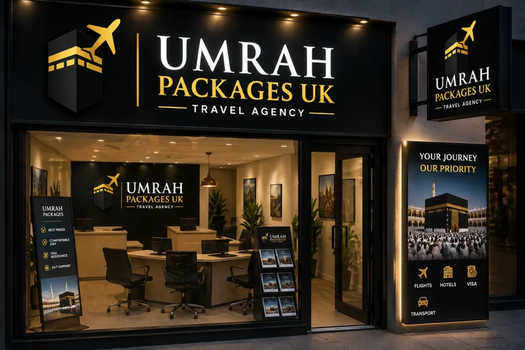 Home 54 Travel agency UK storefront showcasing Umrah Packages UK with modern office design and premium Hajj and Umrah services