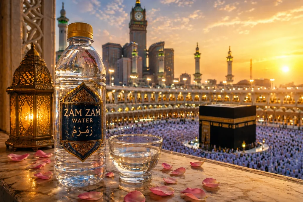 Home 54 Zam Zam water bottle and glass with Kaaba view in Makkah at sunset showing the spiritual and healing essence of zam zam water for pilgrims during Umrah journey