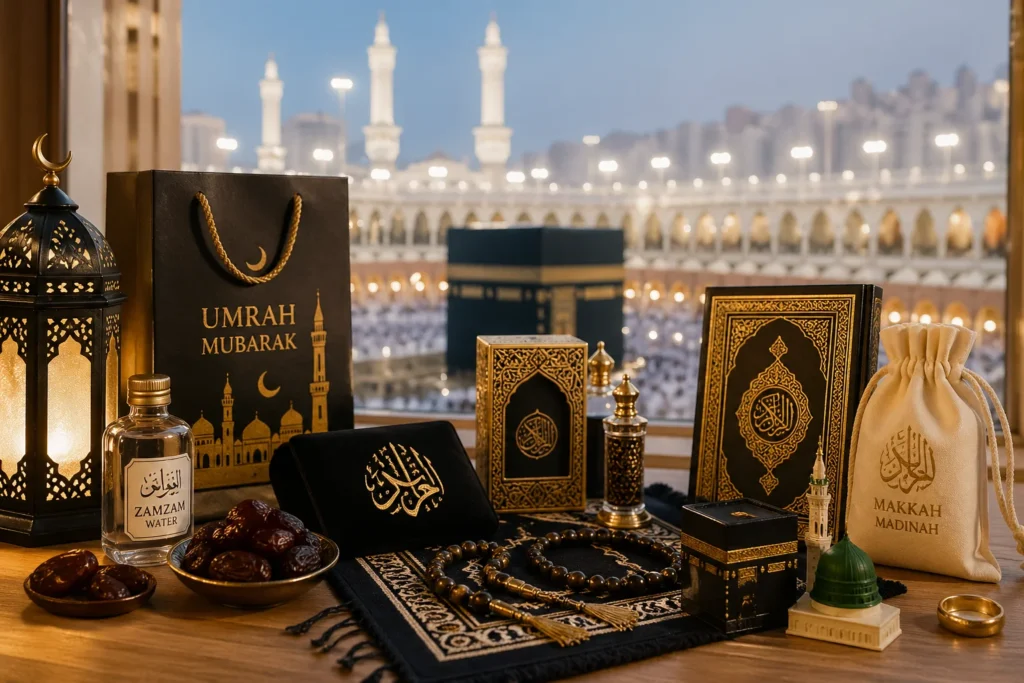Home 54 Umrah Gifts display with Zamzam water, dates, prayer mat, tasbeeh, and Islamic souvenirs set against a beautiful view of Masjid al-Haram in Makkah