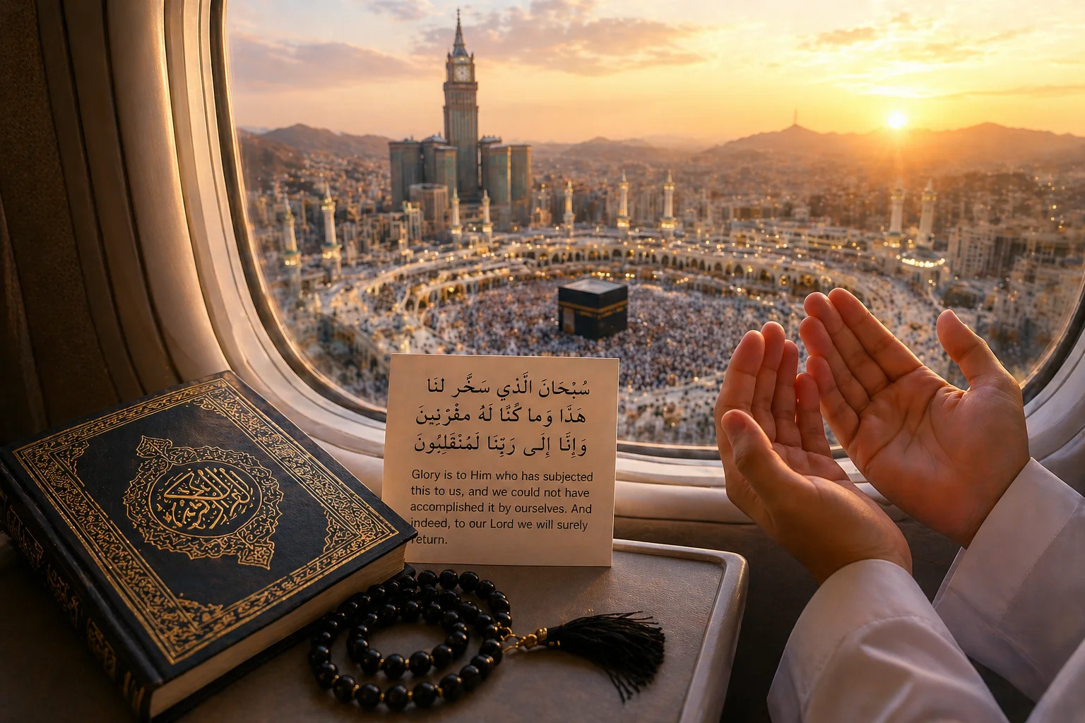 Traveling dua for safe journey with Quran and tasbeeh in airplane view of Makkah