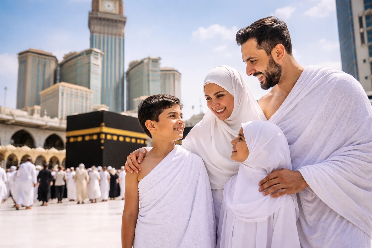 Family performing Umrah in front of Kaaba with family umrah packages UK all inclusive experience