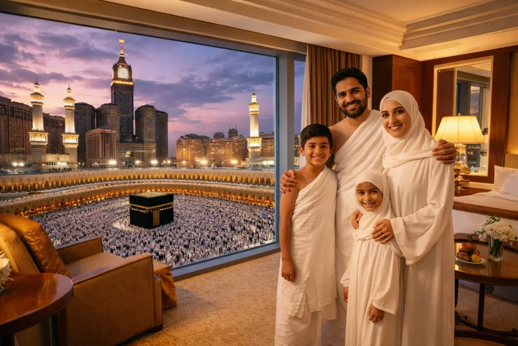 Home 54 5 star umrah packages UK near haram with happy Muslim family enjoying luxury hotel room view overlooking Kaaba and Masjid al Haram