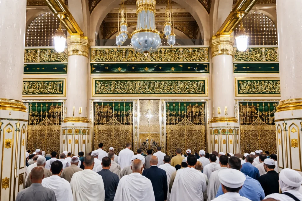 Home 54 Rawdah Permits 2026 view inside Masjid an-Nabawi showing worshippers praying in Riyaz ul Jannah with beautiful golden architecture in Madinah