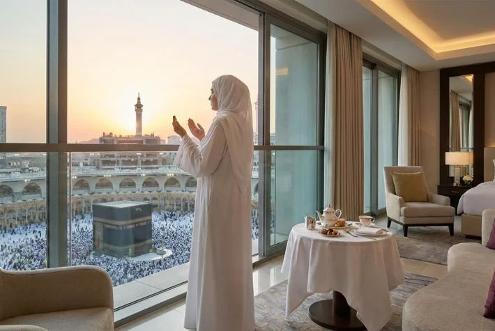 Pilgrim making dua in a luxury hotel overlooking Kaaba with a 5 star Umrah package 2026 experience