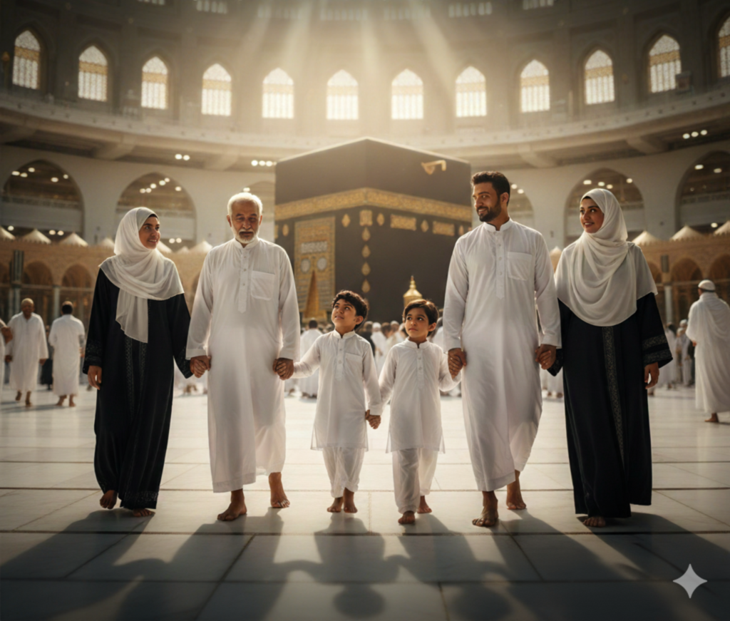 Home 55 Family performing Umrah together near the Kaaba in Makkah, symbolizing unity, faith, and spiritual journey with Umrah packages London Heathrow deals