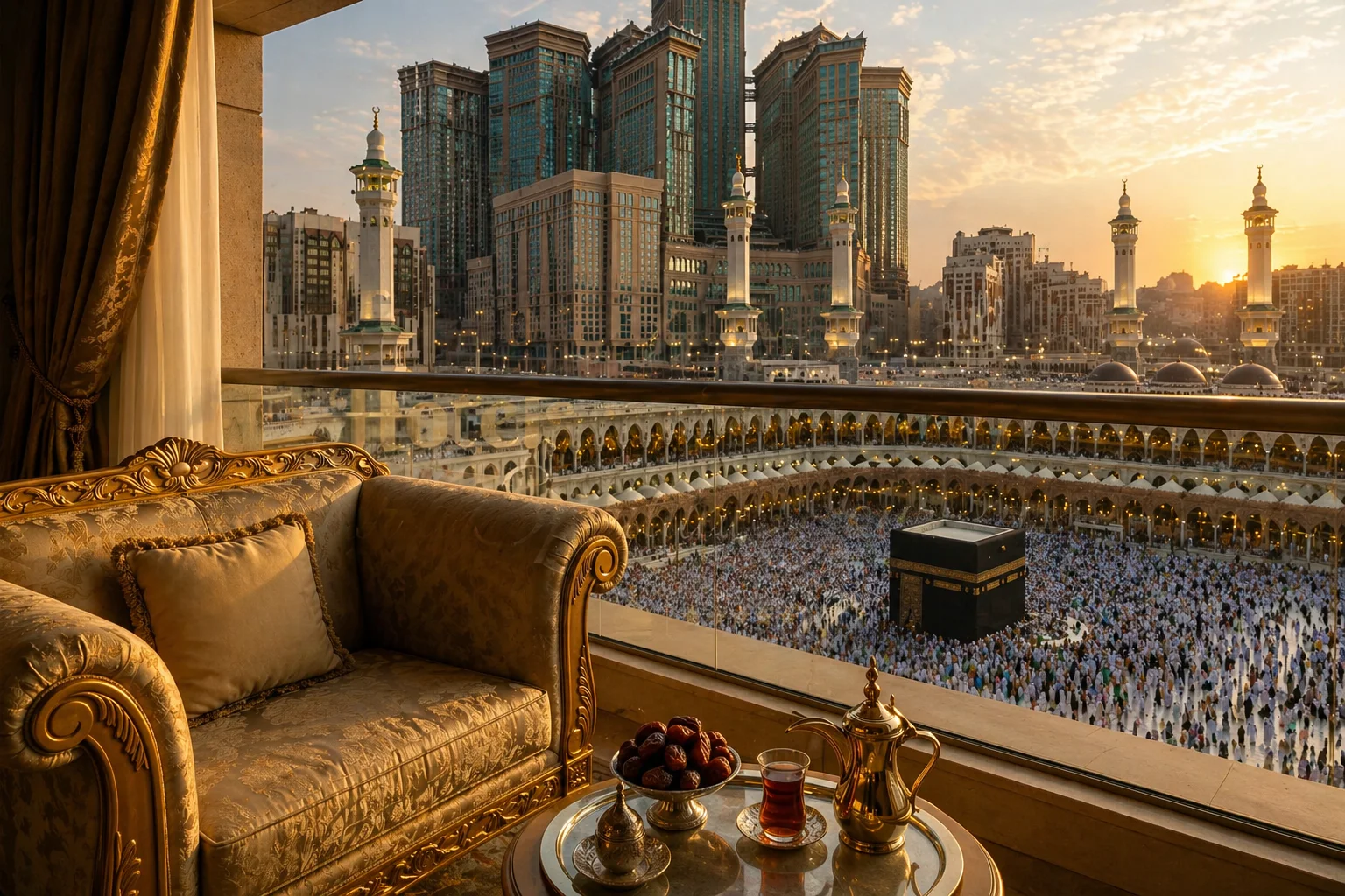 cheap umrah travel deals with luxury hotel view overlooking the Kaaba in Makkah during sunset pilgrimage