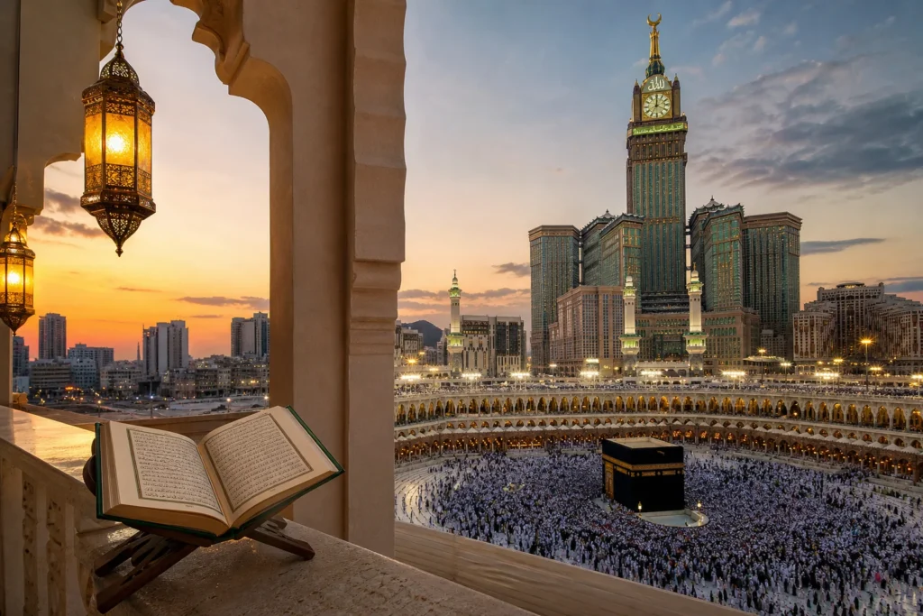 Home 55 budget premium umrah packages uk blog featured image showing Kaaba in Masjid al Haram Makkah with pilgrims during sunset and luxury hotel skyline view
