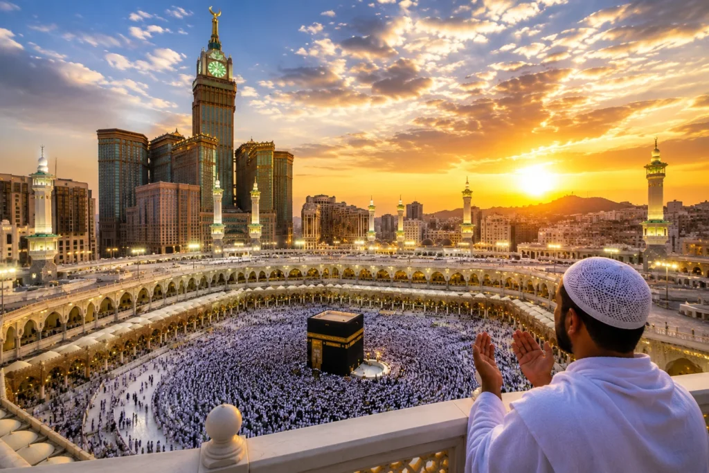Home 56 Pilgrim praying in front of kaaba makkah with best uk umrah packages