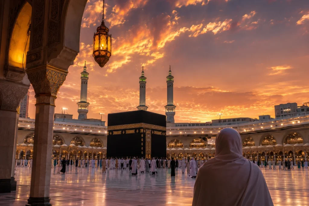 Home 55 Beautiful view of pilgrims performing Umrah around the Holy Kaaba during sunset in Makkah, representing Cheap Umrah Packages From UK 2026 and spiritual Islamic travel.