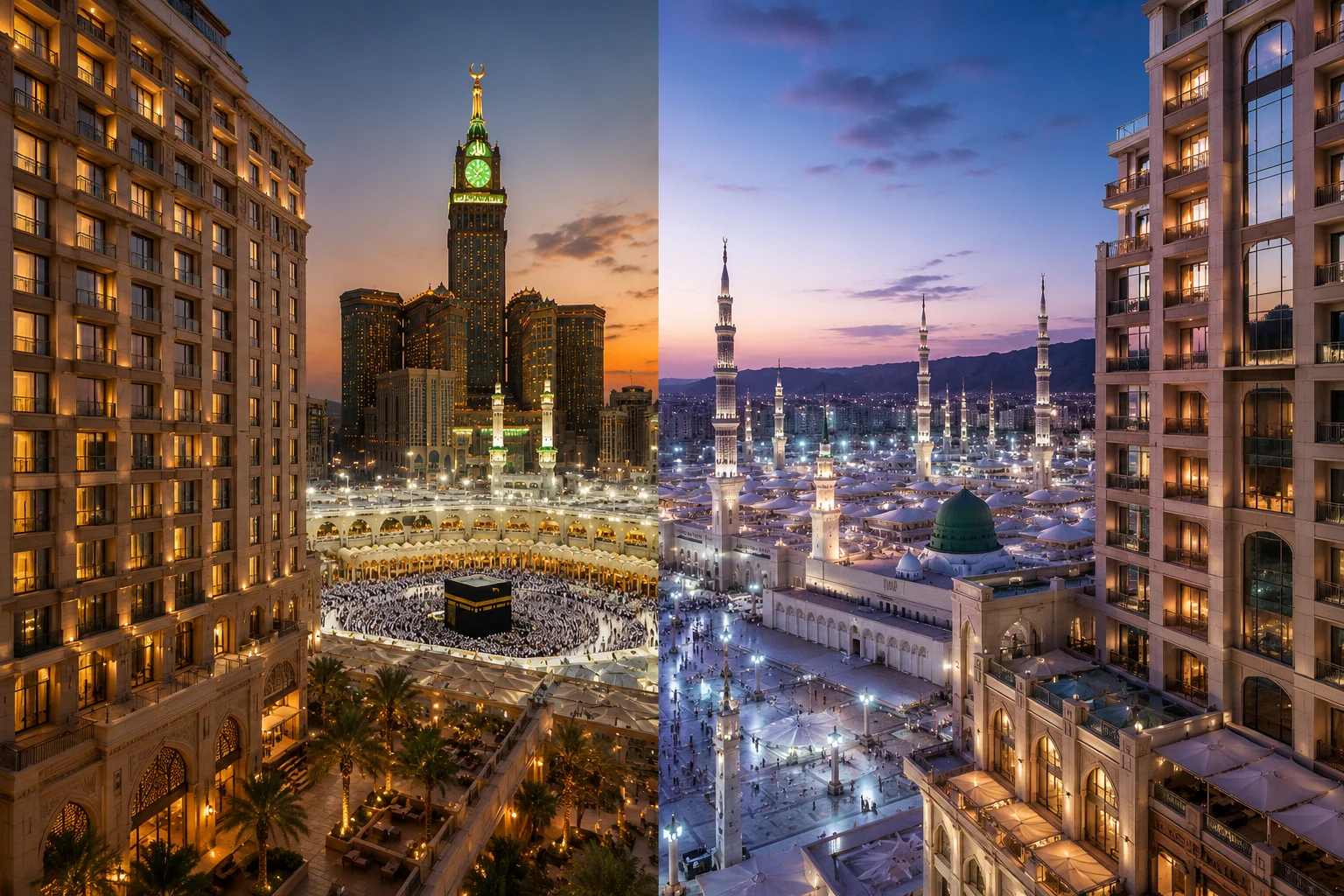 Best hotel deals in Makkah and Madinah featuring luxury hotel views near Haram and Masjid an-Nabawi during a peaceful evening skyline scene.