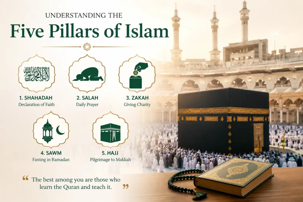 Home 53 Illustration of the Five Pillars of Faith in Islam with the Kaaba in Makkah, showing Shahadah, Salah, Zakah, Sawm, and Hajj in a beautiful Islamic infographic design