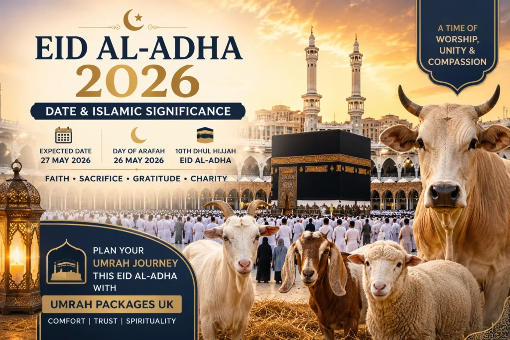 Home 53 Eid al-Adha 2026 illustration showing the Kaaba in Makkah with pilgrims, goats, sheep, and cows symbolizing Qurbani during Eid al-Adha 2026 and Umrah pilgrimage season.