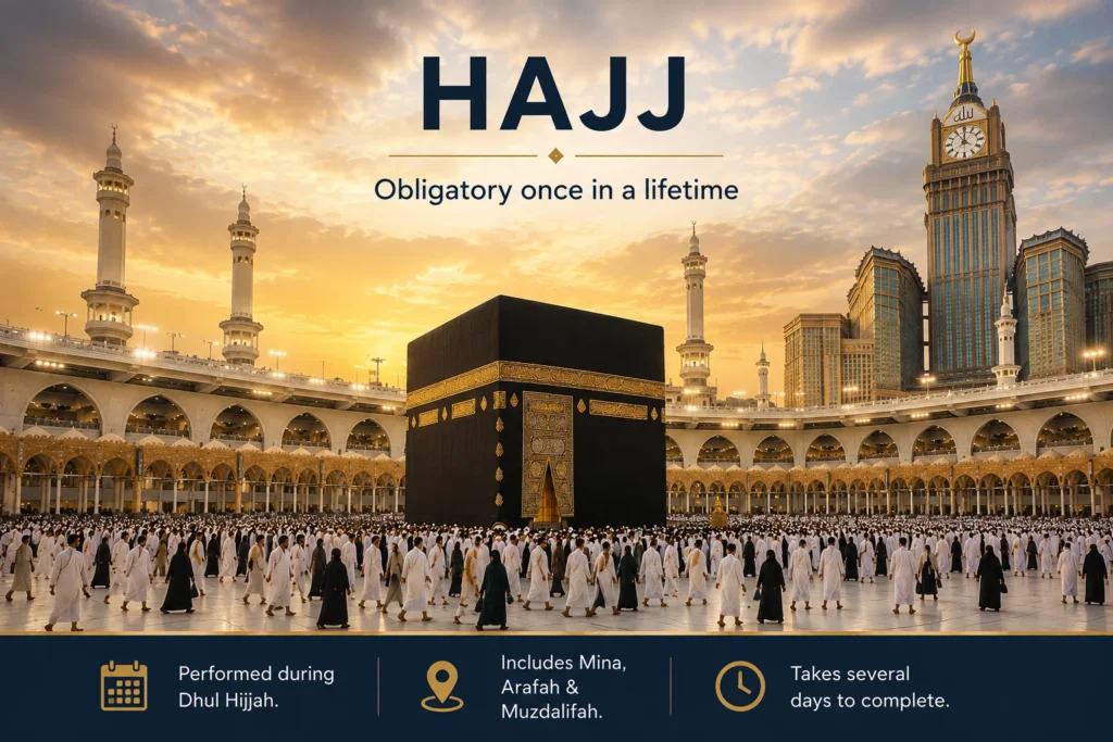 Home 53 Hajj from UK pilgrims performing Tawaf around the Kaaba in Makkah during the sacred Hajj pilgrimage under a beautiful golden sunset.