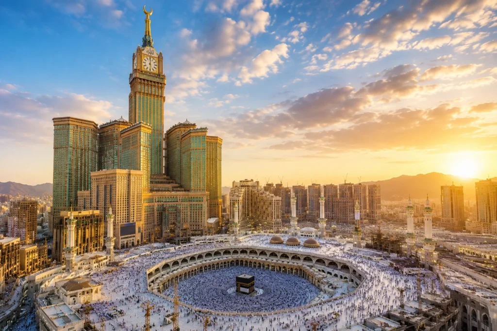 Home 53 Makkah Clock Tower morning view during Umrah near Masjid al-Haram and Kaaba pilgrims in Makkah Saudi Arabia