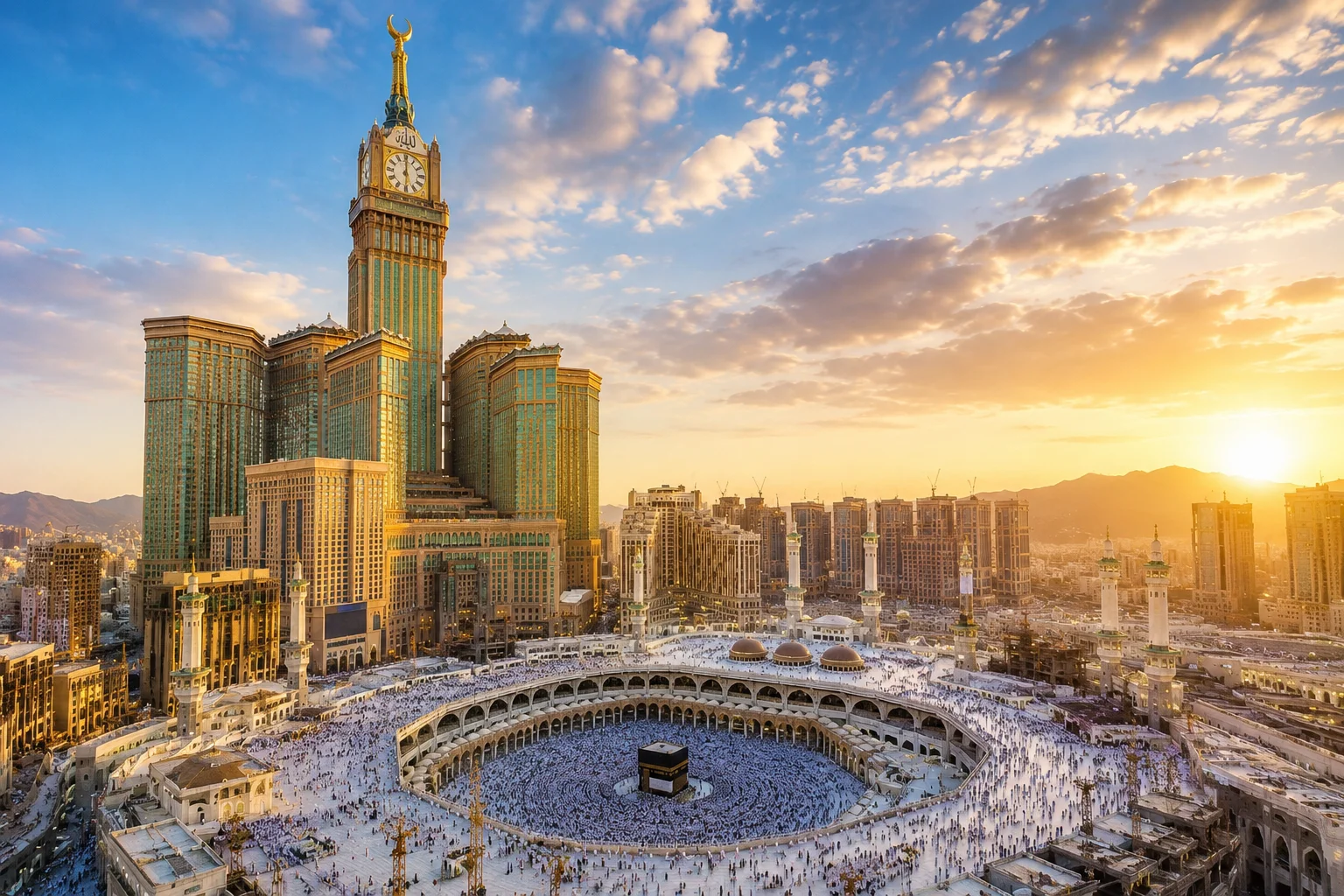 Makkah Clock Tower morning view during Umrah near Masjid al-Haram and Kaaba pilgrims in Makkah Saudi Arabia