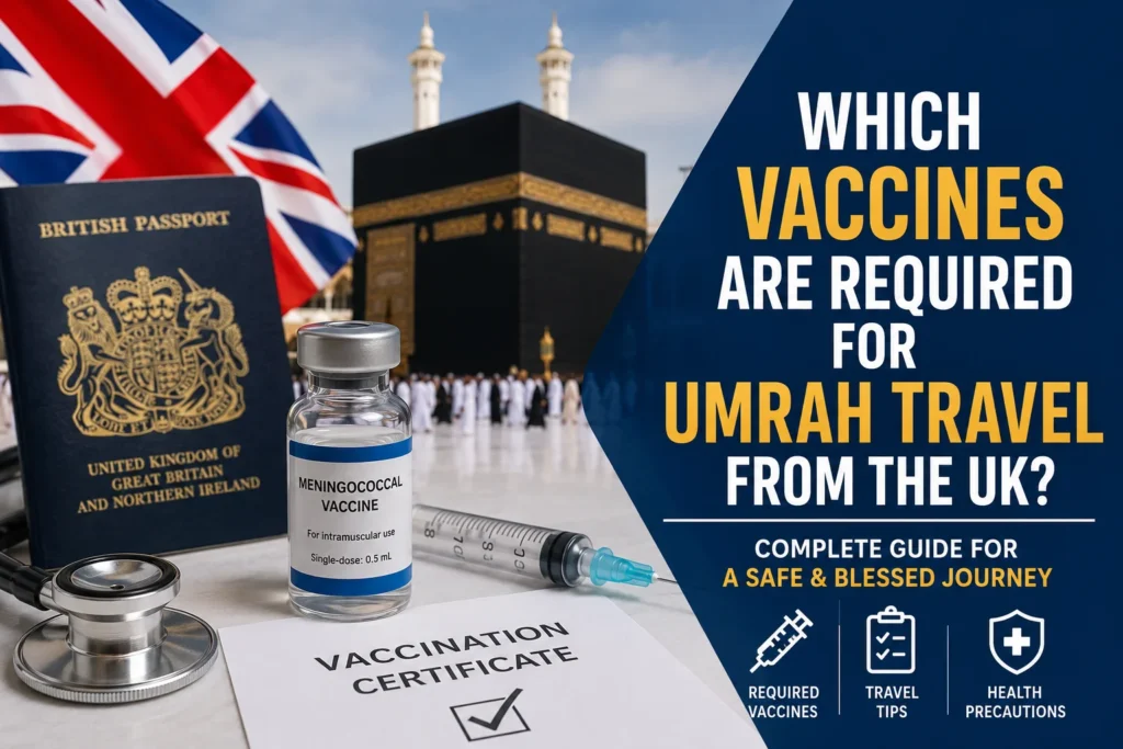 Home 53 Mandatory vaccines for Umrah Travel From UK with UK passport, meningococcal vaccine certificate, and Kaaba view in Makkah