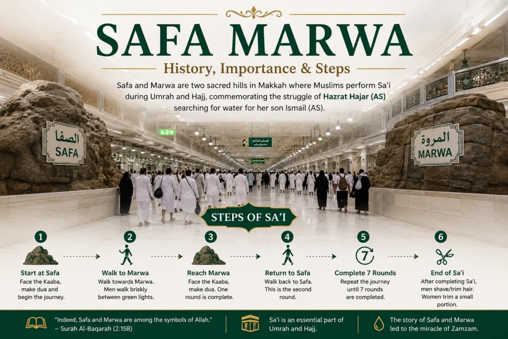 Home 53 Safa Marwa inside Masjid al-Haram showing pilgrims performing Sa’i between Safa and Marwa during Umrah in Makkah
