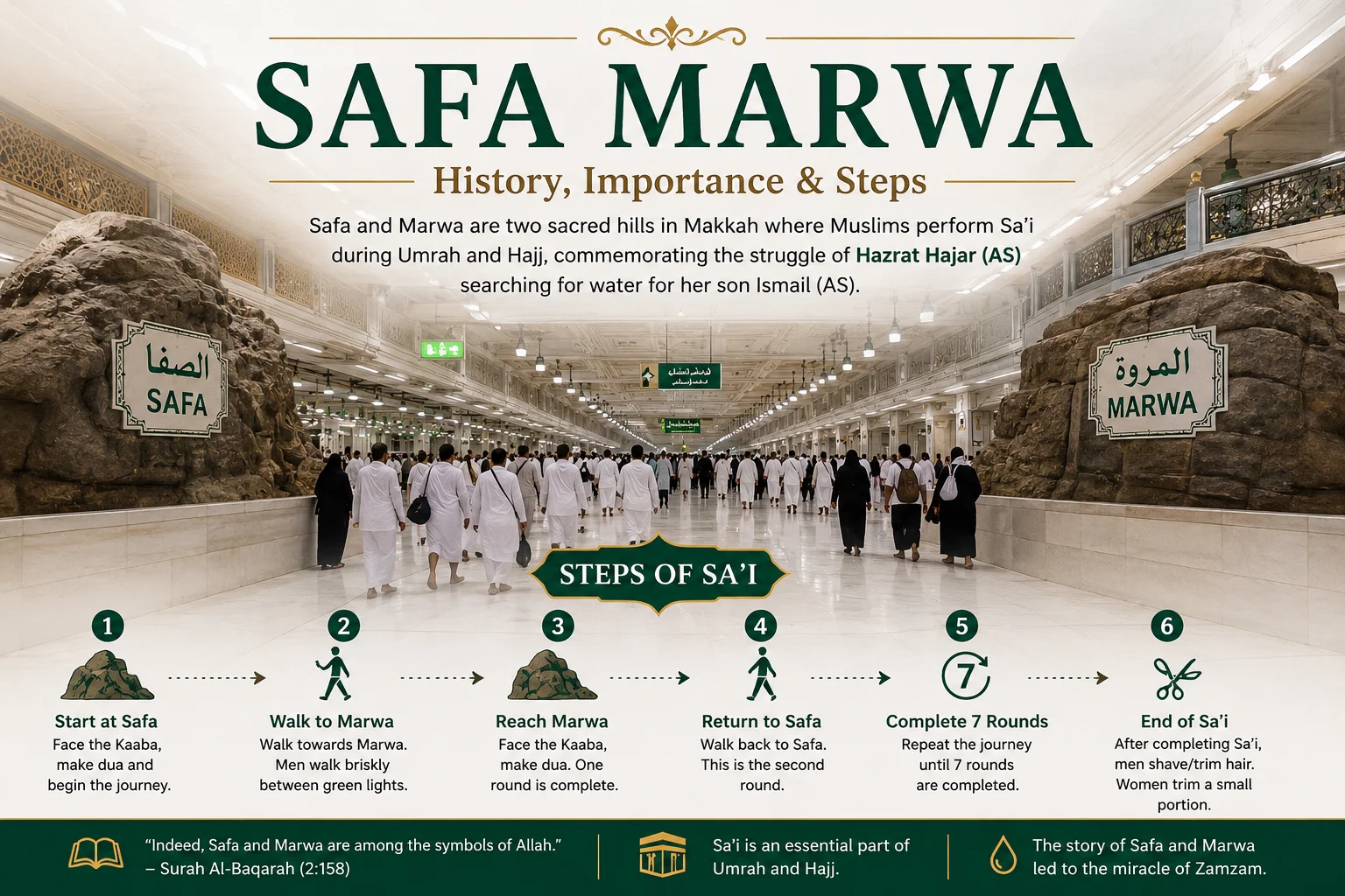 Safa Marwa inside Masjid al-Haram showing pilgrims performing Sa’i between Safa and Marwa during Umrah in Makkah