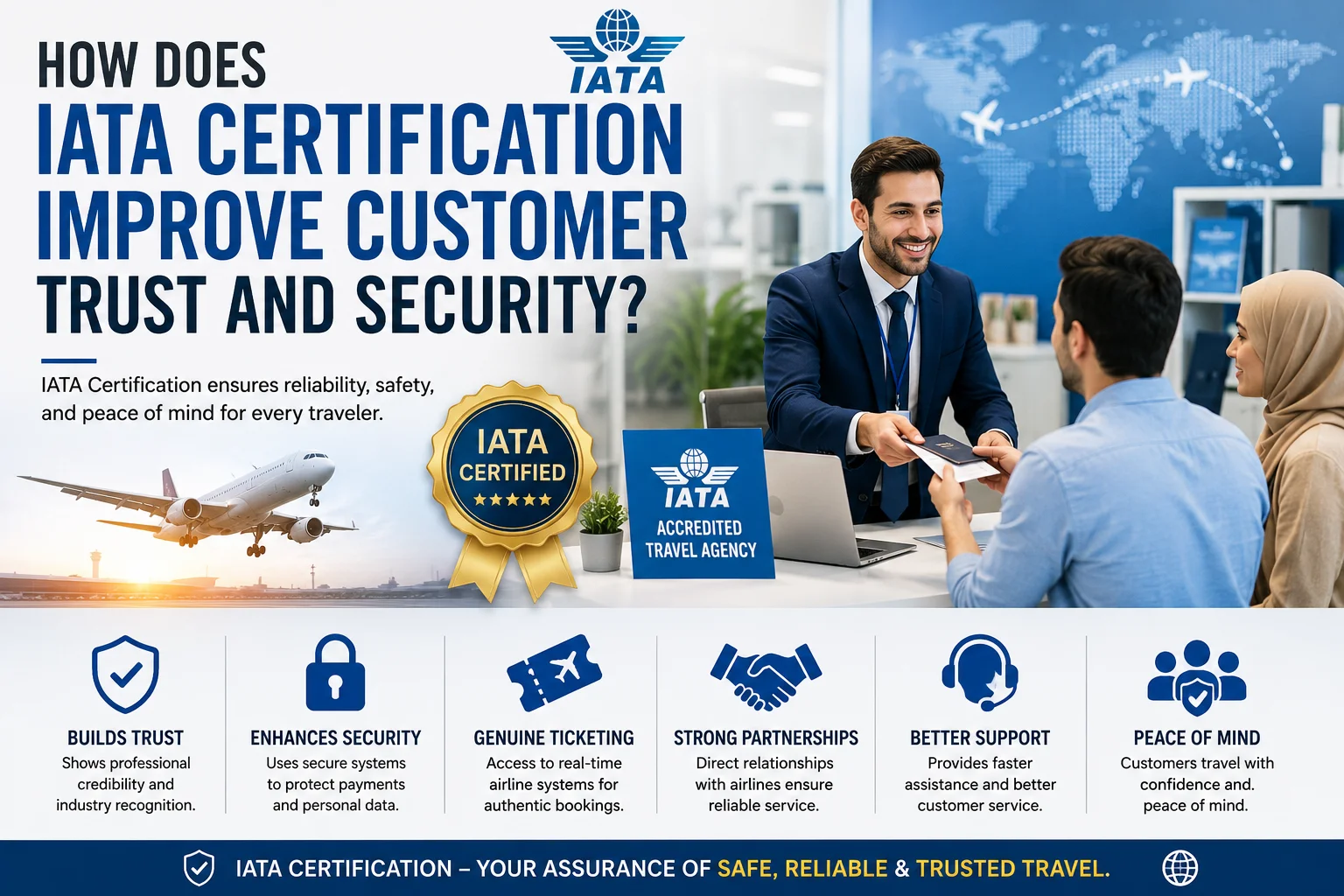 IATA Certification improving customer trust and security with certified travel agency support and secure airline booking services