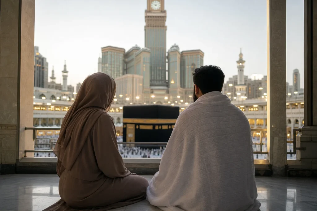 Home 54 Couples Umrah Packages from UK – A peaceful and emotional moment of a couple sitting together in Makkah, overlooking the Holy Kaaba with the Abraj Al Bait towers in the background, symbolizing a spiritual and comfortable pilgrimage journey.