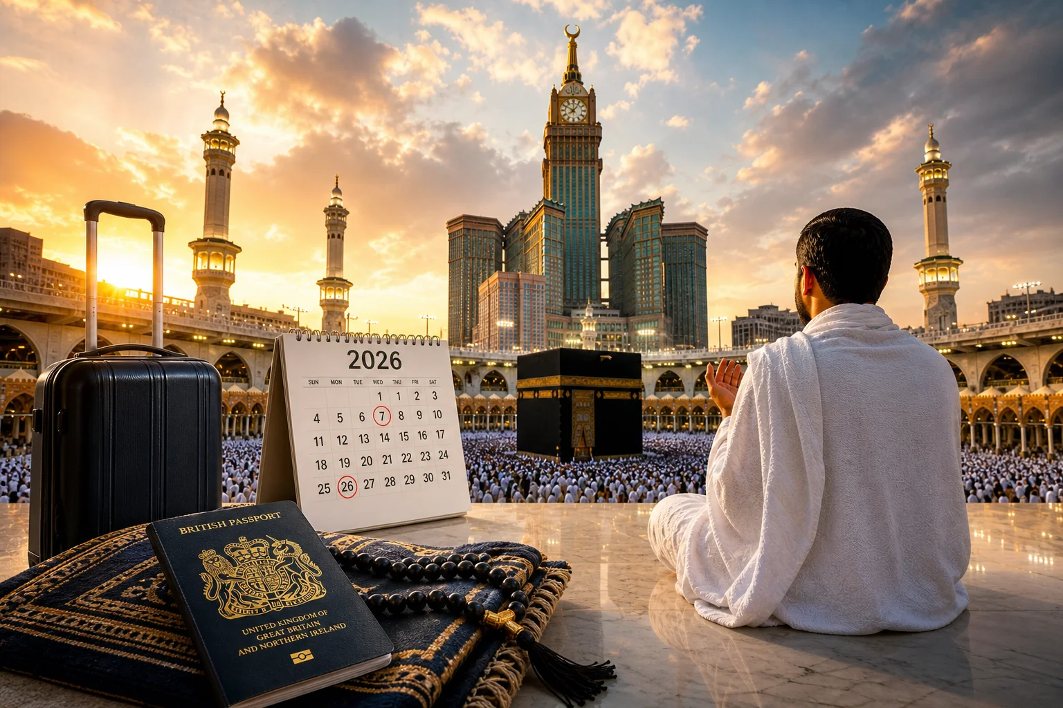 Blog 10 Umrah Packages UK 2026 pilgrims performing Tawaf at Kaaba with travel essentials and sunset view in Makkah