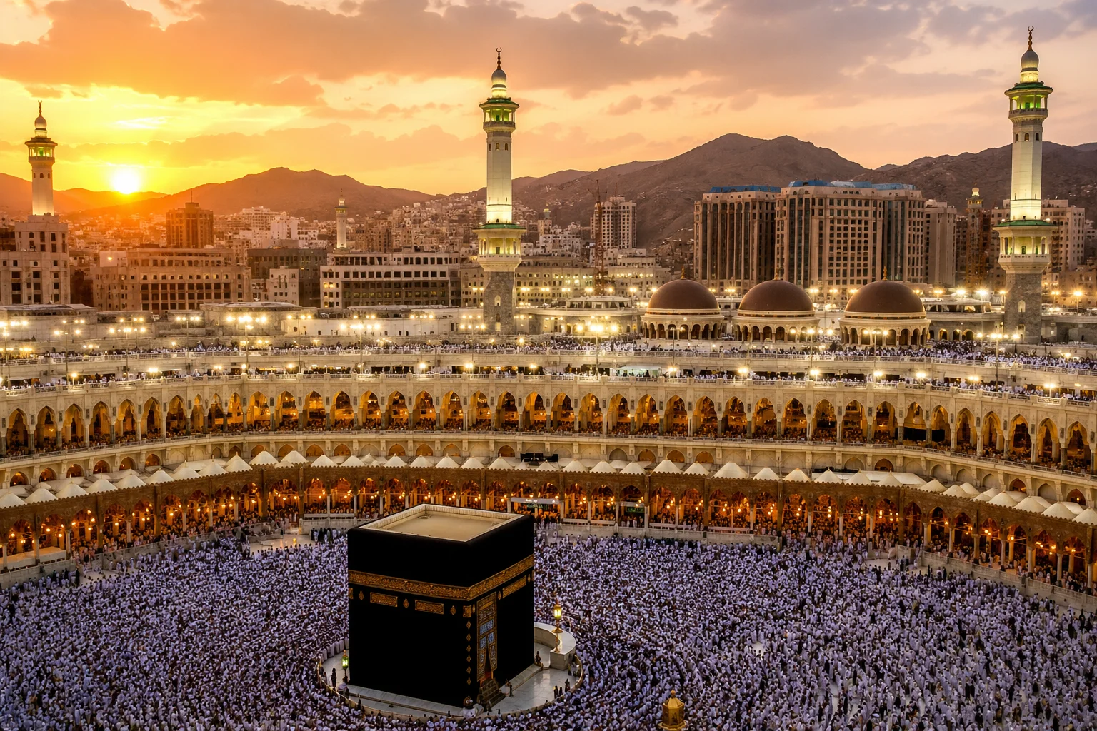 Blog 8 when is hajj 2026 pilgrims gathered around the Kaaba in Masjid al Haram Makkah during sunset spiritual journey scene