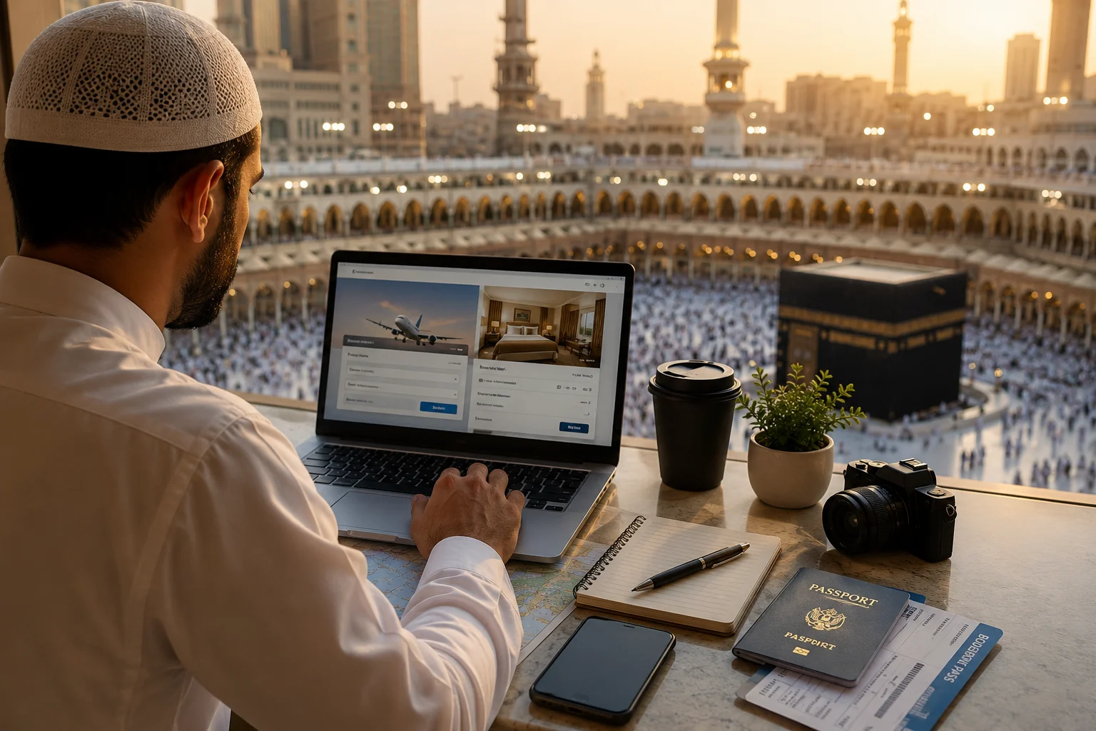 Umrah Without a Package – Muslim pilgrim planning flights, hotel bookings, and travel arrangements independently with the Kaaba in the background