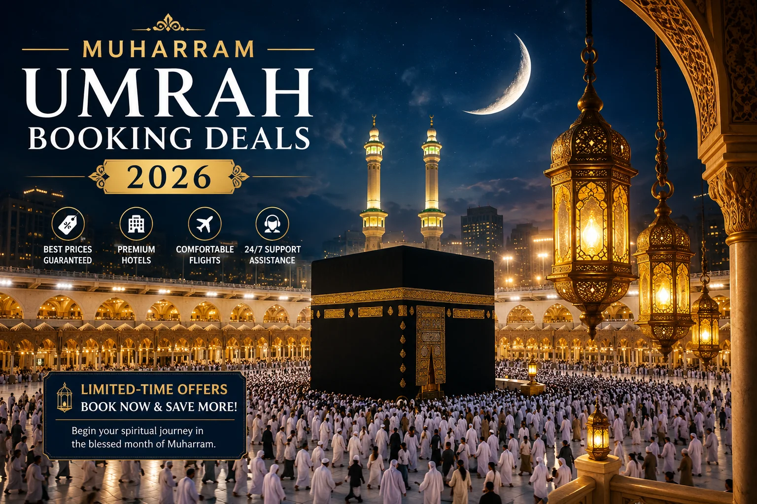 Muharram Umrah Booking Deals 2026 pilgrims performing Tawaf around the Holy Kaaba in Makkah during a beautiful spiritual evening.