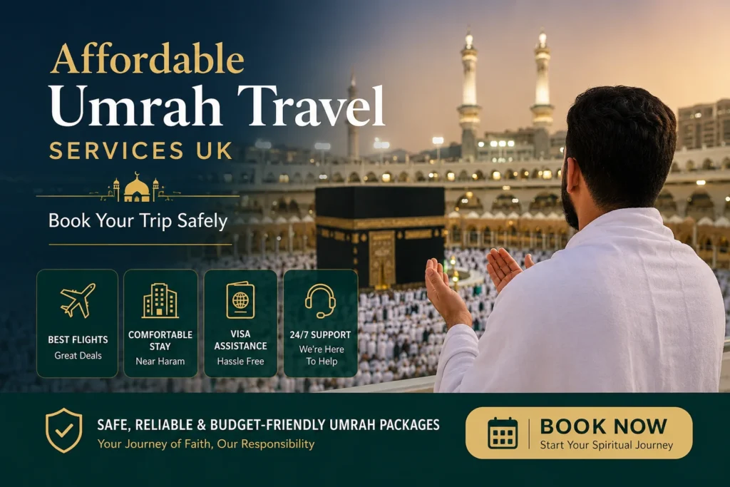 Home 53 Affordable Umrah Travel services UK promotional image featuring a pilgrim praying near the Kaaba at Masjid al-Haram, highlighting safe Umrah booking, budget-friendly packages, visa assistance, comfortable accommodation, and reliable travel support for UK pilgrims.