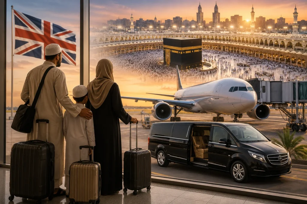 Home 53 Umrah Travel Packages with flights and transfers from UK featuring a Muslim family departing from a UK airport, boarding a flight to Makkah with luxury transportation and the Holy Kaaba in the background.