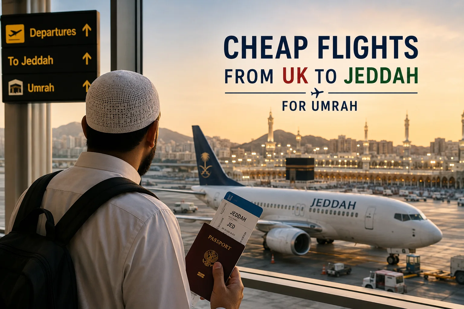 Cheap Flights from UK to Jeddah for Umrah – Muslim pilgrim preparing to travel from the UK to Saudi Arabia for Umrah.