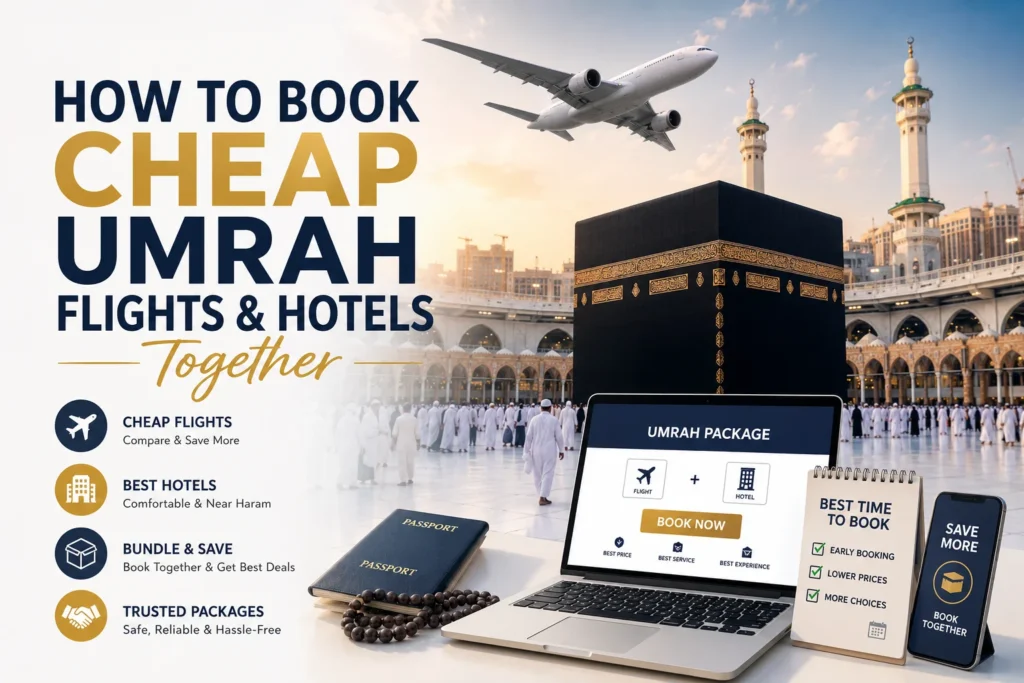 Home 53 Cheap Umrah Flights and Hotels booking guide featuring the Kaaba in Makkah, an airplane, hotel and flight package booking system, and pilgrims performing Umrah near Masjid al-Haram.