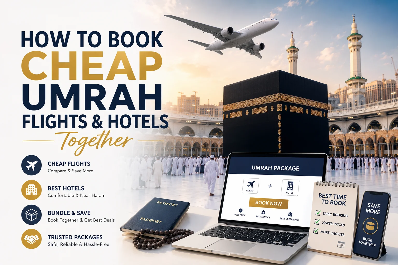 Cheap Umrah Flights and Hotels booking guide featuring the Kaaba in Makkah, an airplane, hotel and flight package booking system, and pilgrims performing Umrah near Masjid al-Haram.