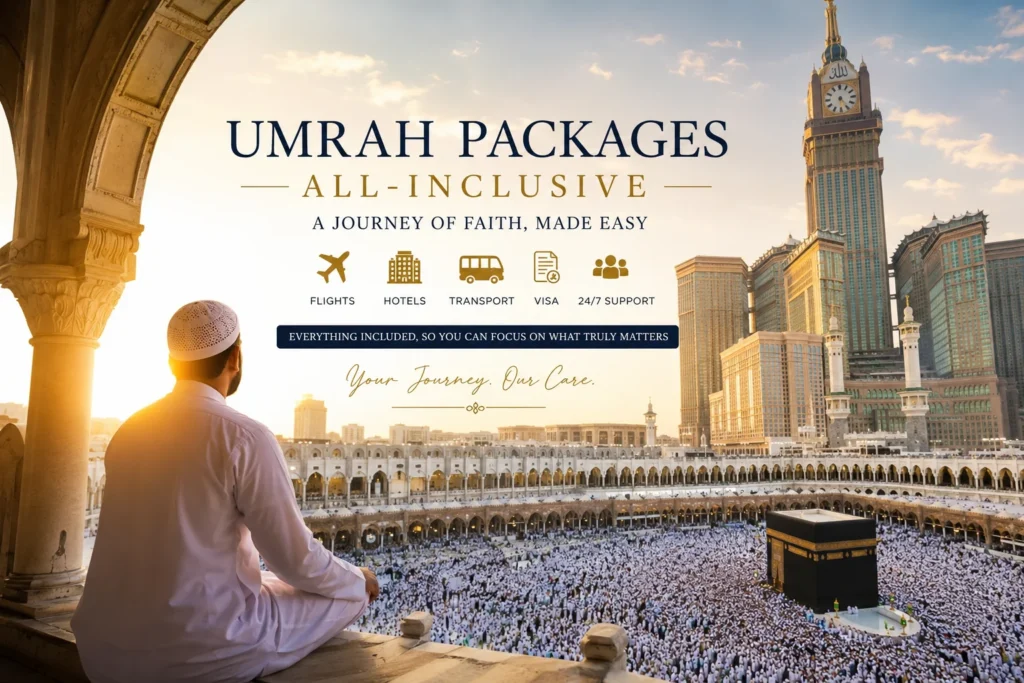 Home 53 Umrah Package All-Inclusive – A peaceful view of pilgrims gathered around the Kaaba in Makkah during sunset, showcasing a complete Umrah travel experience with flights, hotels, transport, visa assistance, and support services for a stress-free spiritual journey.