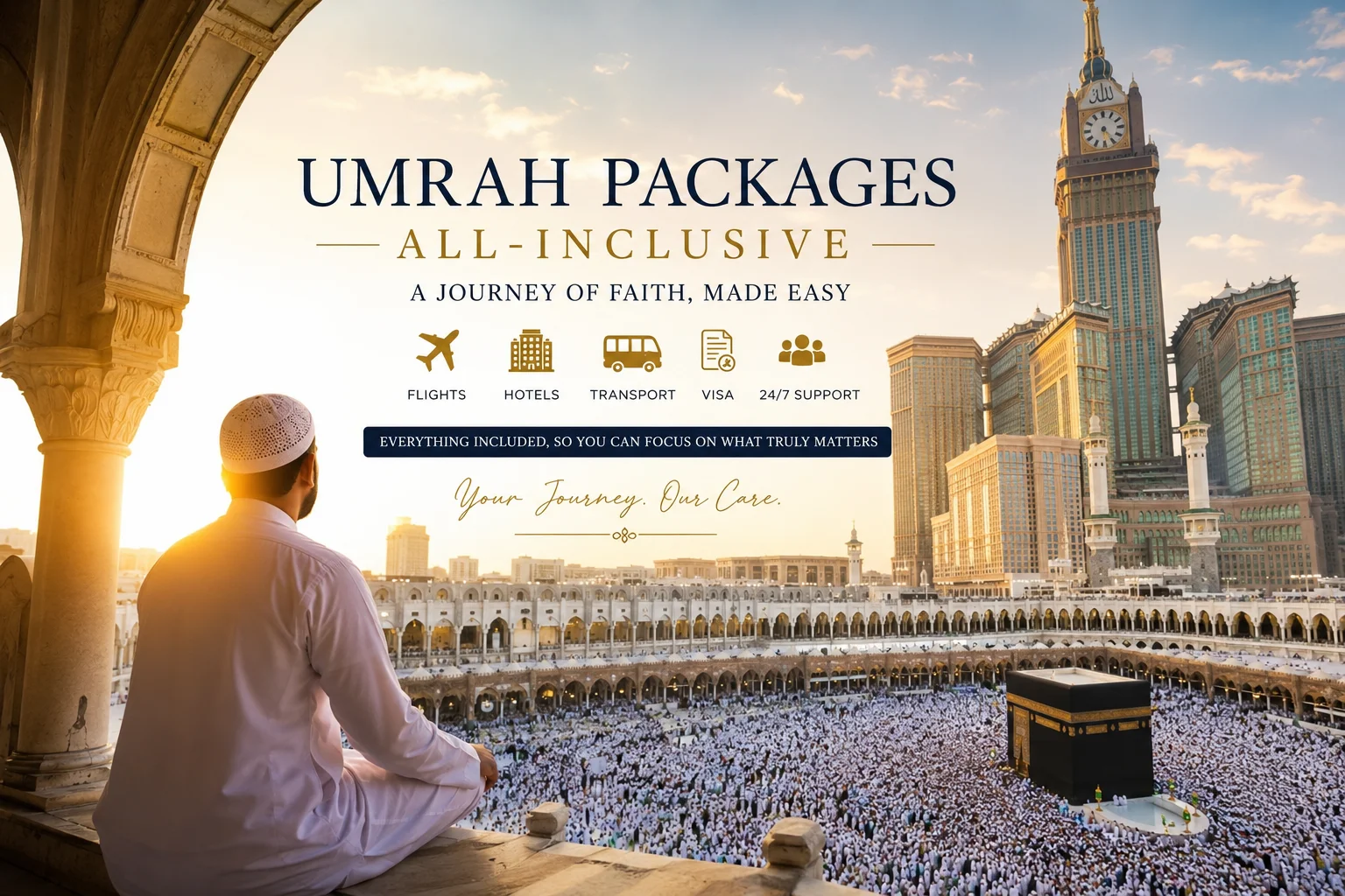 Umrah Package All-Inclusive – A peaceful view of pilgrims gathered around the Kaaba in Makkah during sunset, showcasing a complete Umrah travel experience with flights, hotels, transport, visa assistance, and support services for a stress-free spiritual journey.