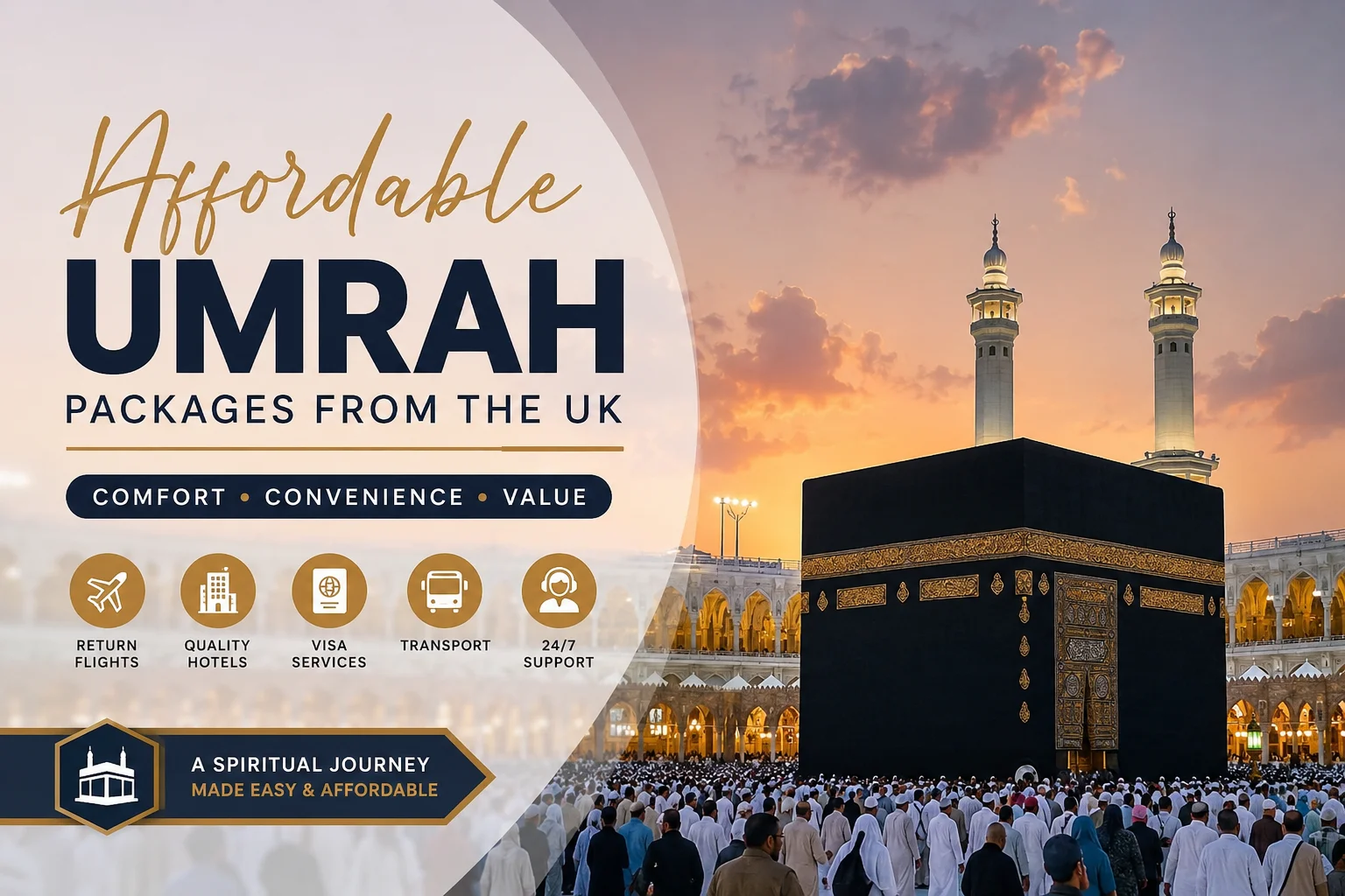 Pilgrims gathered around the Holy Kaaba in Makkah during sunset, representing affordable Umrah packages from the UK with convenient travel, hotel accommodation, visa services, and spiritual pilgrimage planning.