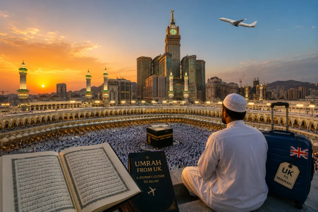 Home 53 Umrah from UK pilgrims performing Tawaf around the Holy Kaaba in Makkah during a beautiful sunset spiritual journey