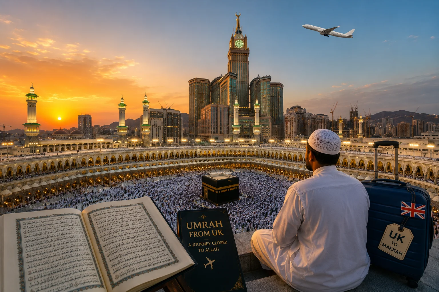 Umrah from UK pilgrims performing Tawaf around the Holy Kaaba in Makkah during a beautiful sunset spiritual journey