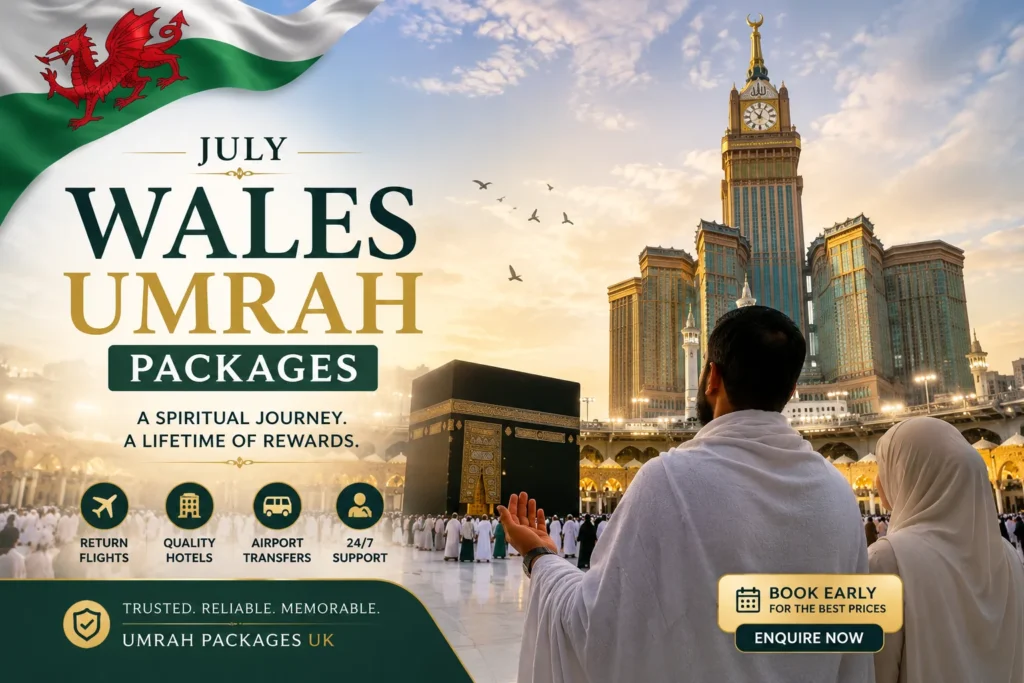 Home 53 July Wales Umrah packages featuring pilgrims at the Holy Kaaba in Makkah with luxury hotels, representing the best and affordable Wales Umrah Packages for a spiritual journey.