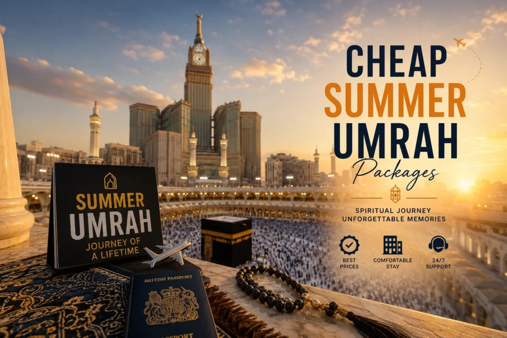 Home 53 Cheap summer Umrah packages for UK pilgrims featuring the Kaaba in Makkah at sunset with affordable travel planning for a spiritual summer pilgrimage.